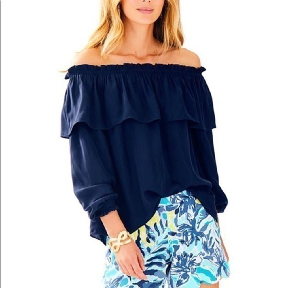 Lilly Pulitzer Off The‎ Shoulder Ruffle Top Silky Dee Navy Blue XS 26455.